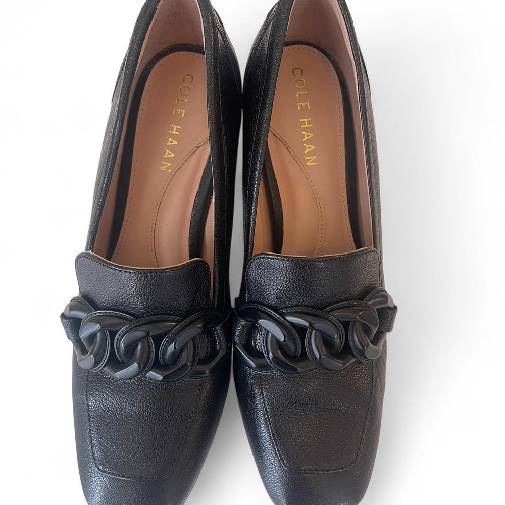 Cole Haan Grand 360 Black Pebbled Leather Chain Link Block Heel Loafers Size 6B